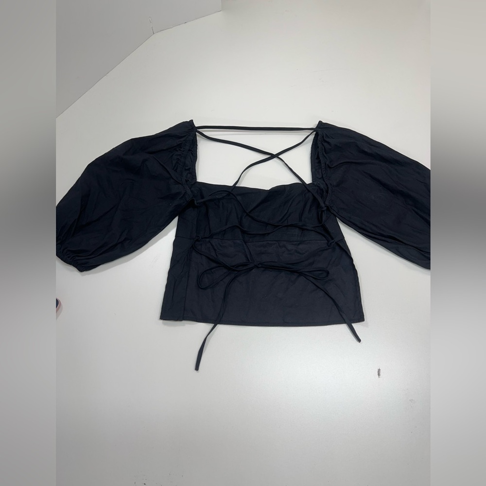 Reformation Open Back Puff Sleeve Lace Up Blouse Top in Black Size XS/S - Picture 4 of 10